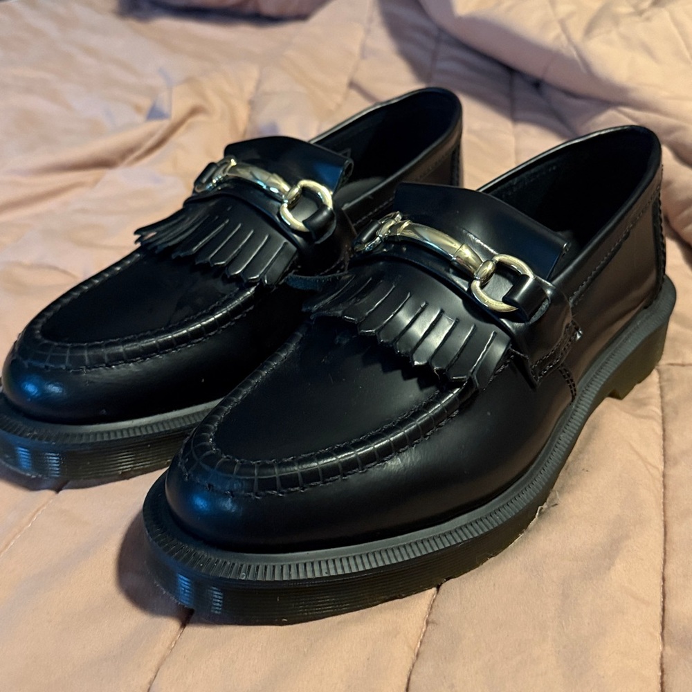 Dr. Martens Black Leather Kiltie Loafers with Metal Horsebit